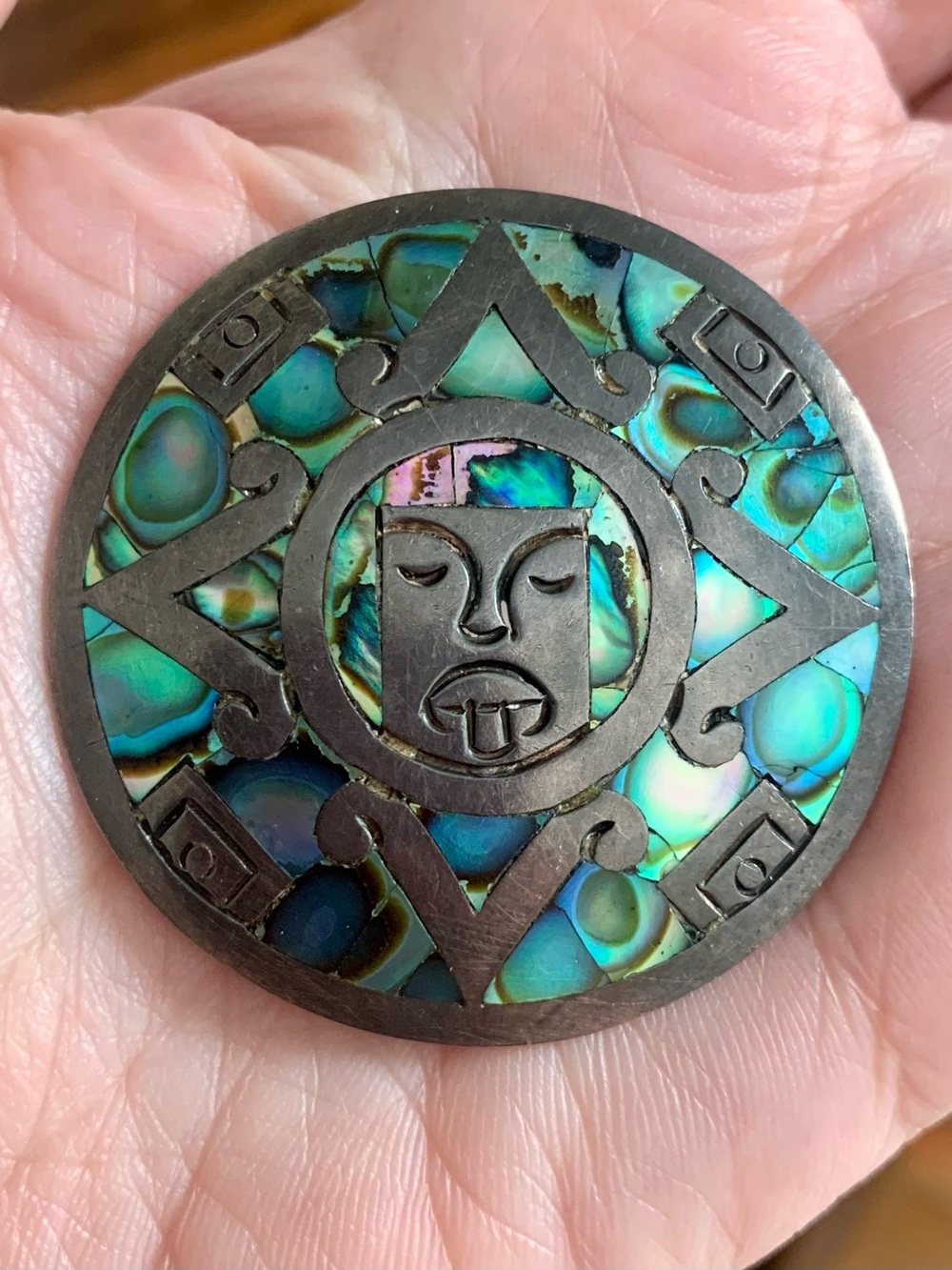 Vintage Beto Taxco Sterling Silver & Abalone Shell Round Aztec Pin/Brooch